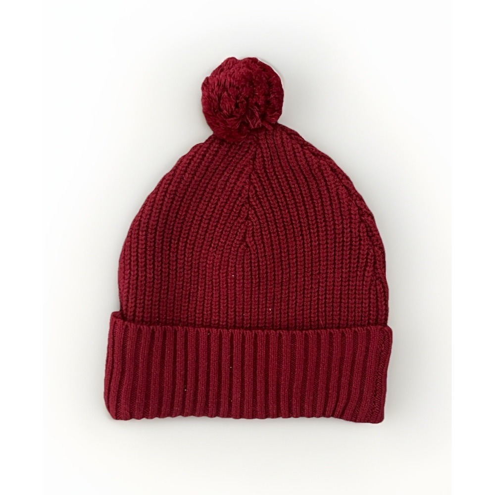 Boys Cozy Ribbed Knit Pom Pom Beanie Hat Red/Maroon Cuffed Winter Cap